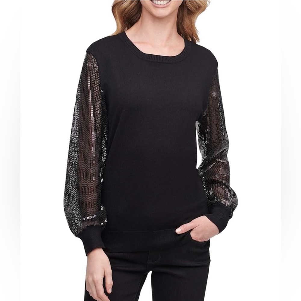 DKNY Black Sequin Sleeve Crew Neck Sweater Size Small